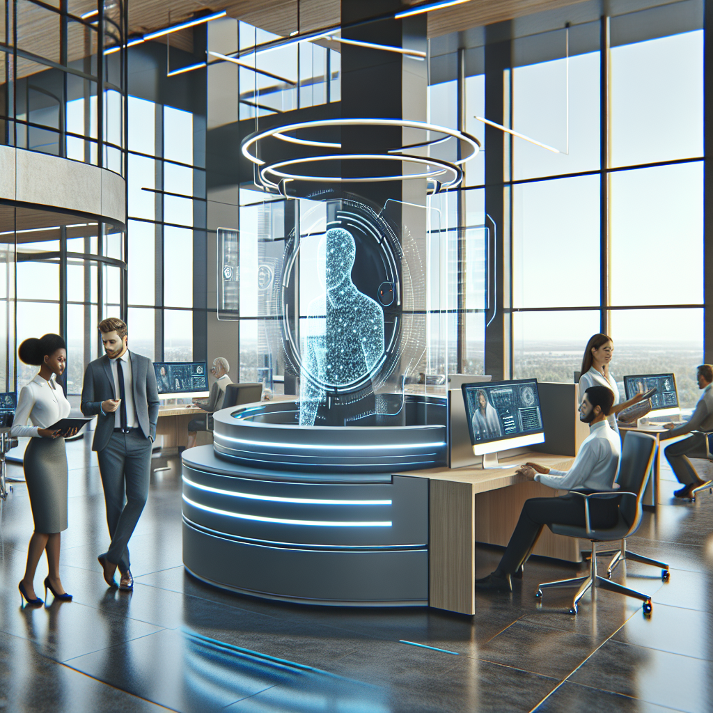 An image depicting a modern office environment with a virtual receptionist service in action.