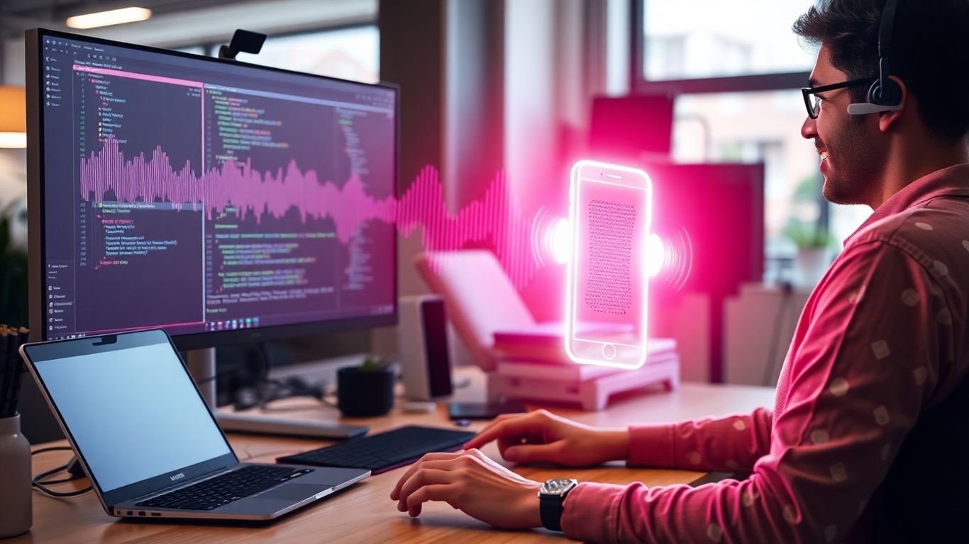 Developer using voice AI tools at computer workstation