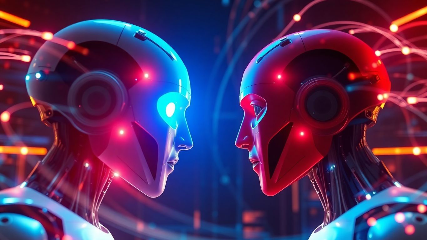 AI chatbot heads competing in a digital arena.
