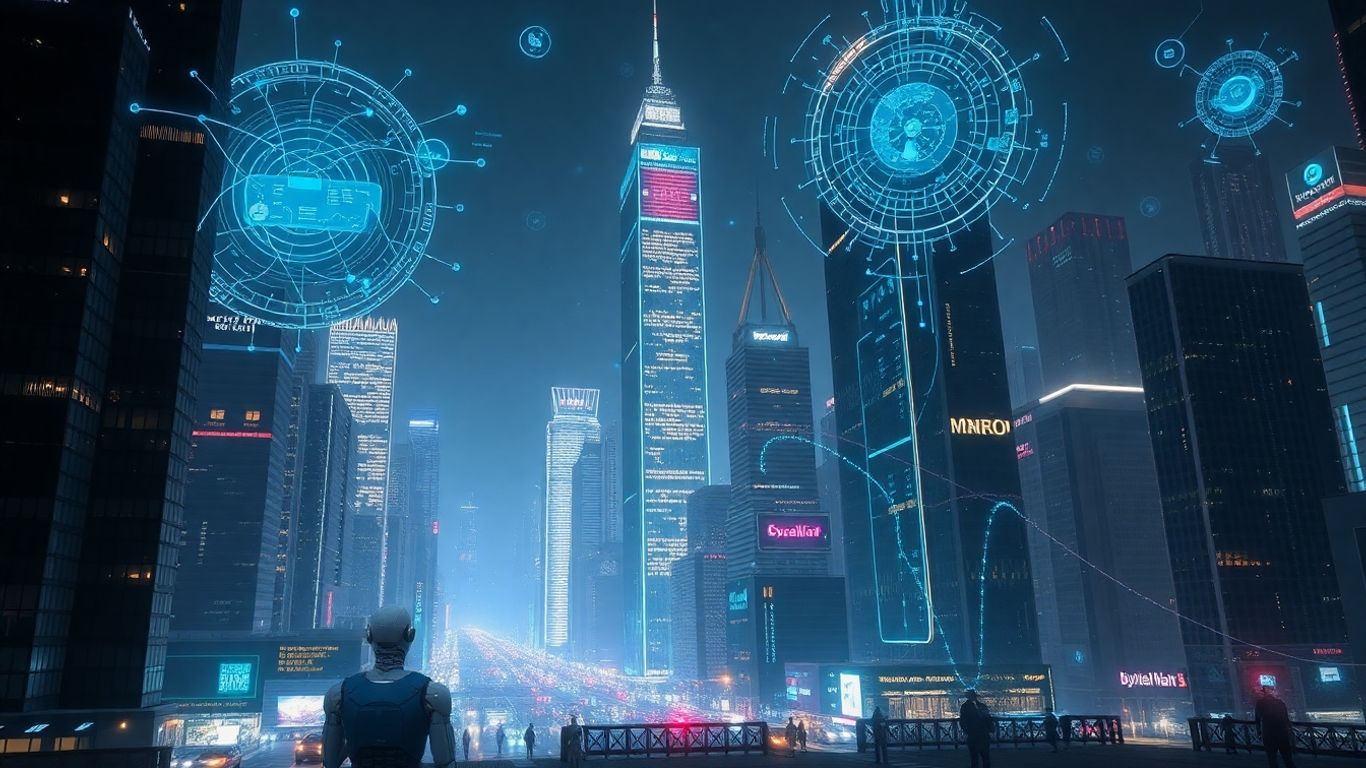 Futuristic cityscape with AI interfaces and robotic figures.