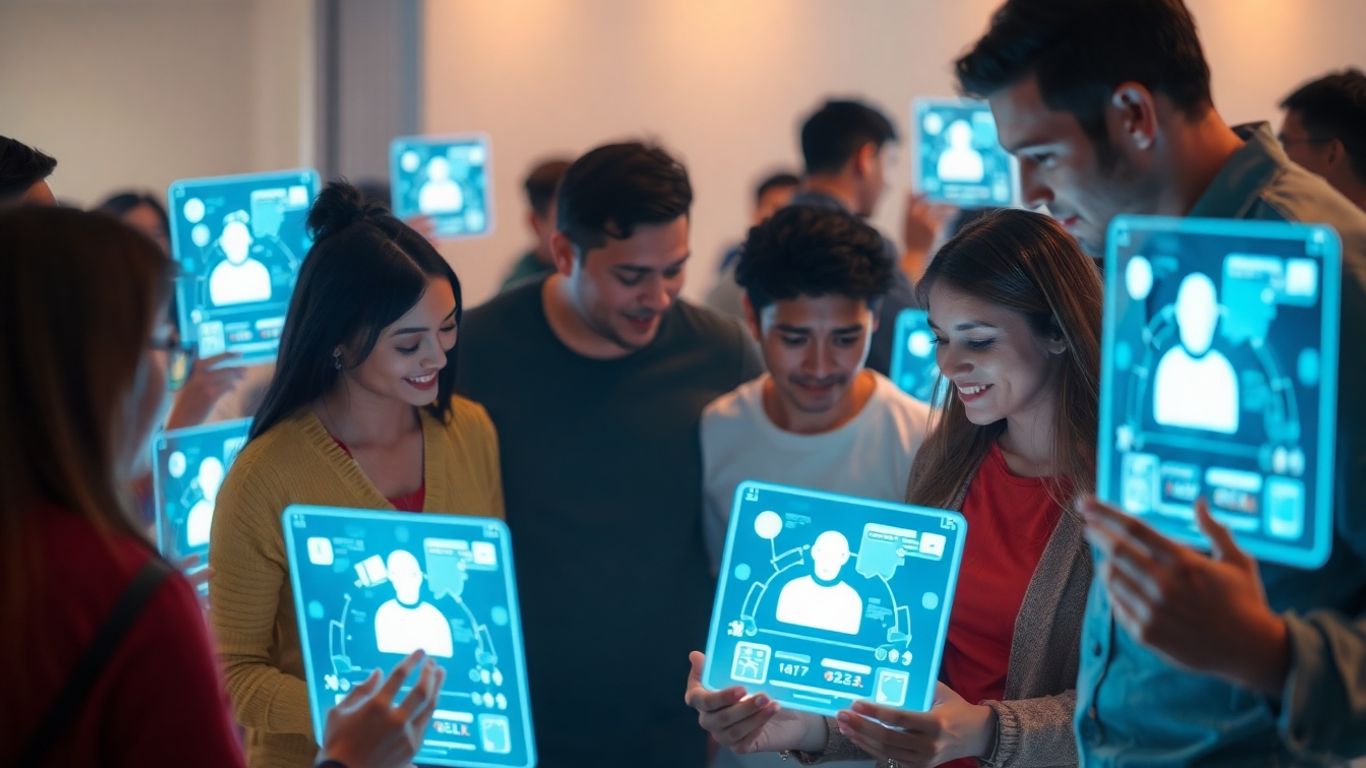 People interacting with AI chatbot interfaces on screens.