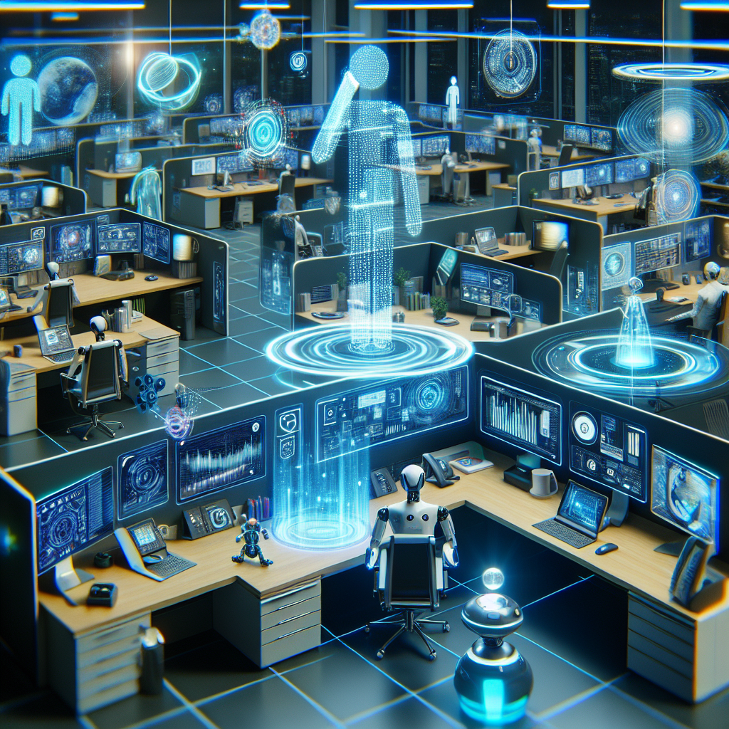 A futuristic office setting with AI technology managing calls.