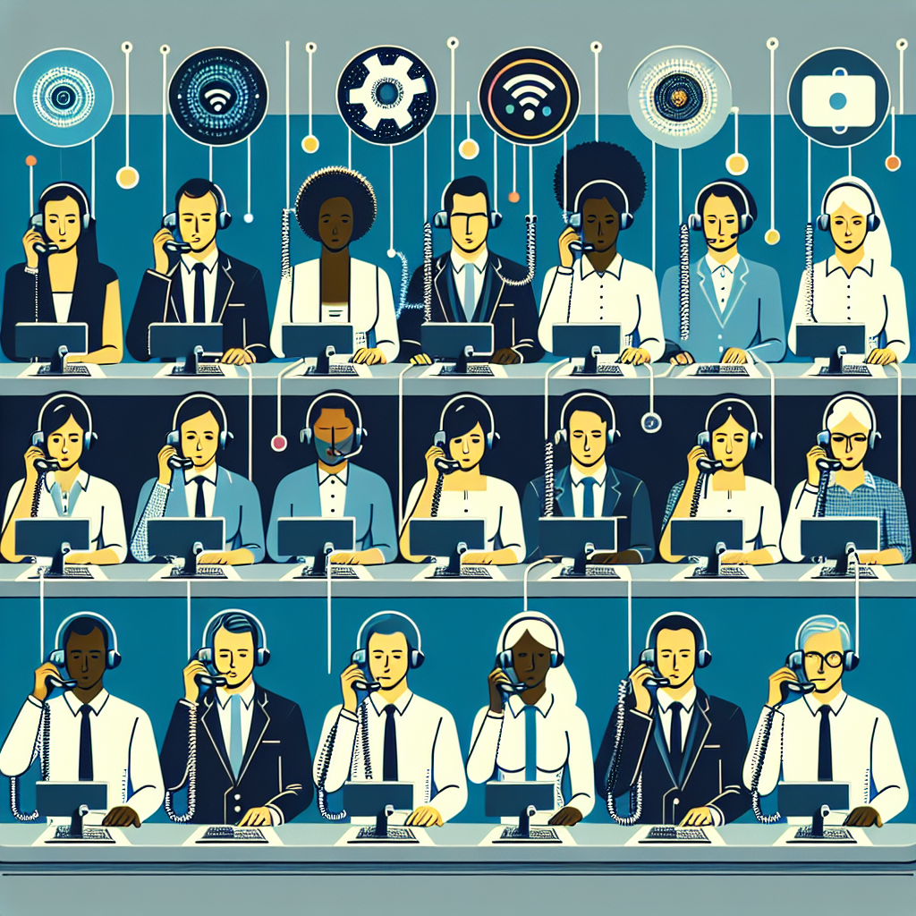 A dynamic illustration of a small business team utilizing AI-driven telephone solutions, showcasing customer engagement