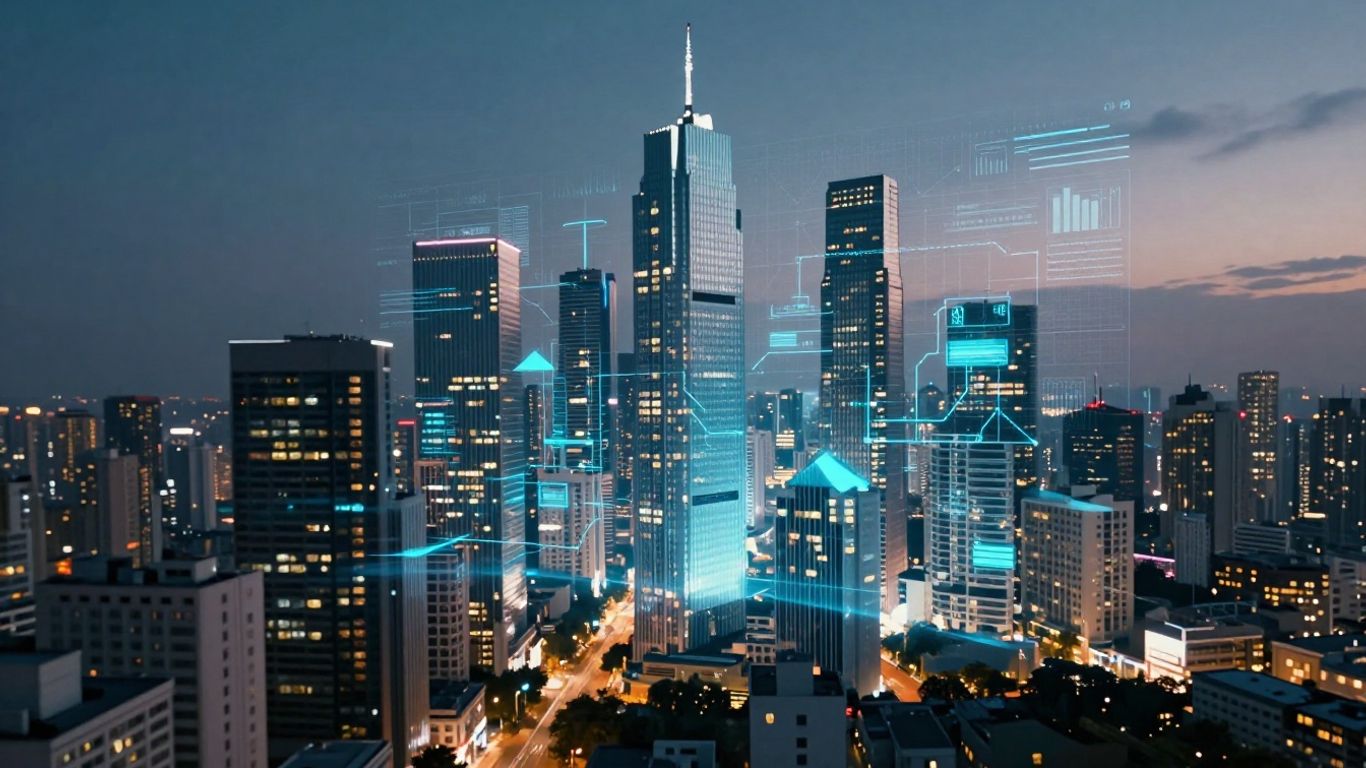 Futuristic cityscape with AI data overlays for real estate.