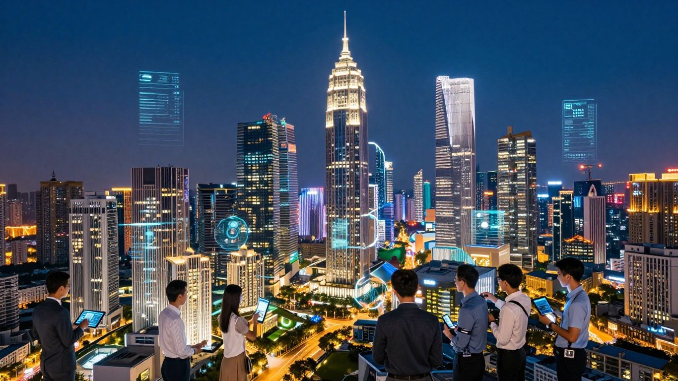Futuristic city with smart buildings and real estate agents
