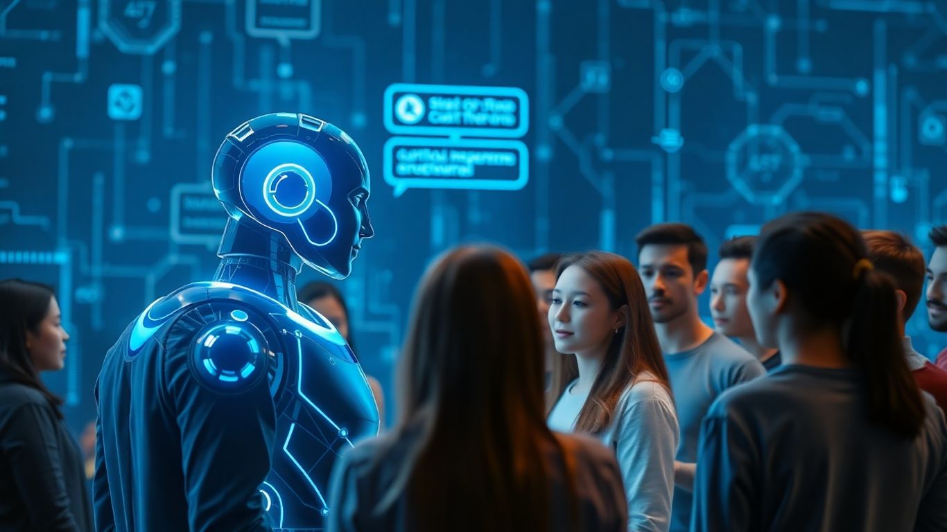 AI chatbot interface interacting with diverse people, futuristic digital communication.