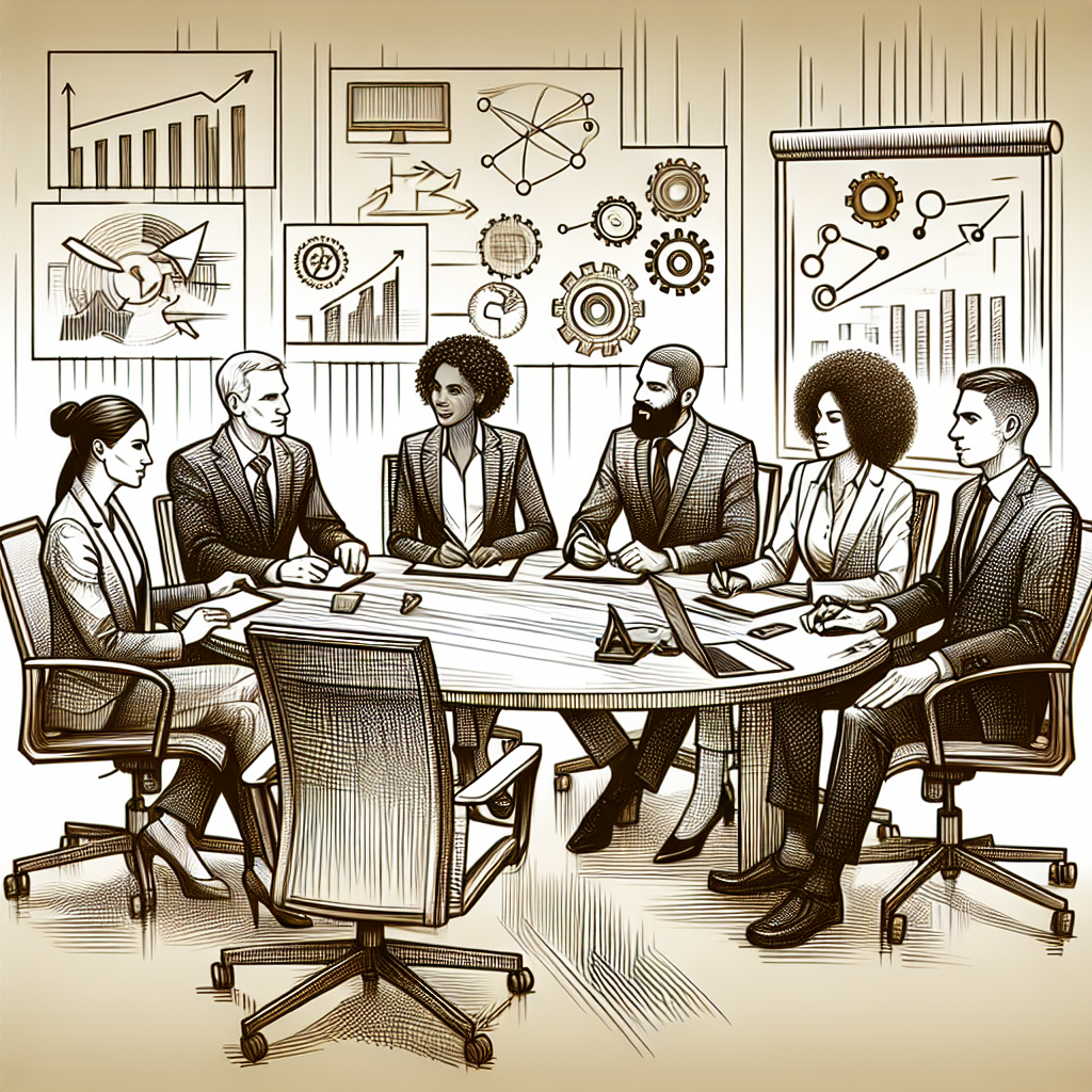An image showing a business team engaged in a meeting discussing efficient communication strategies with technology in the background.