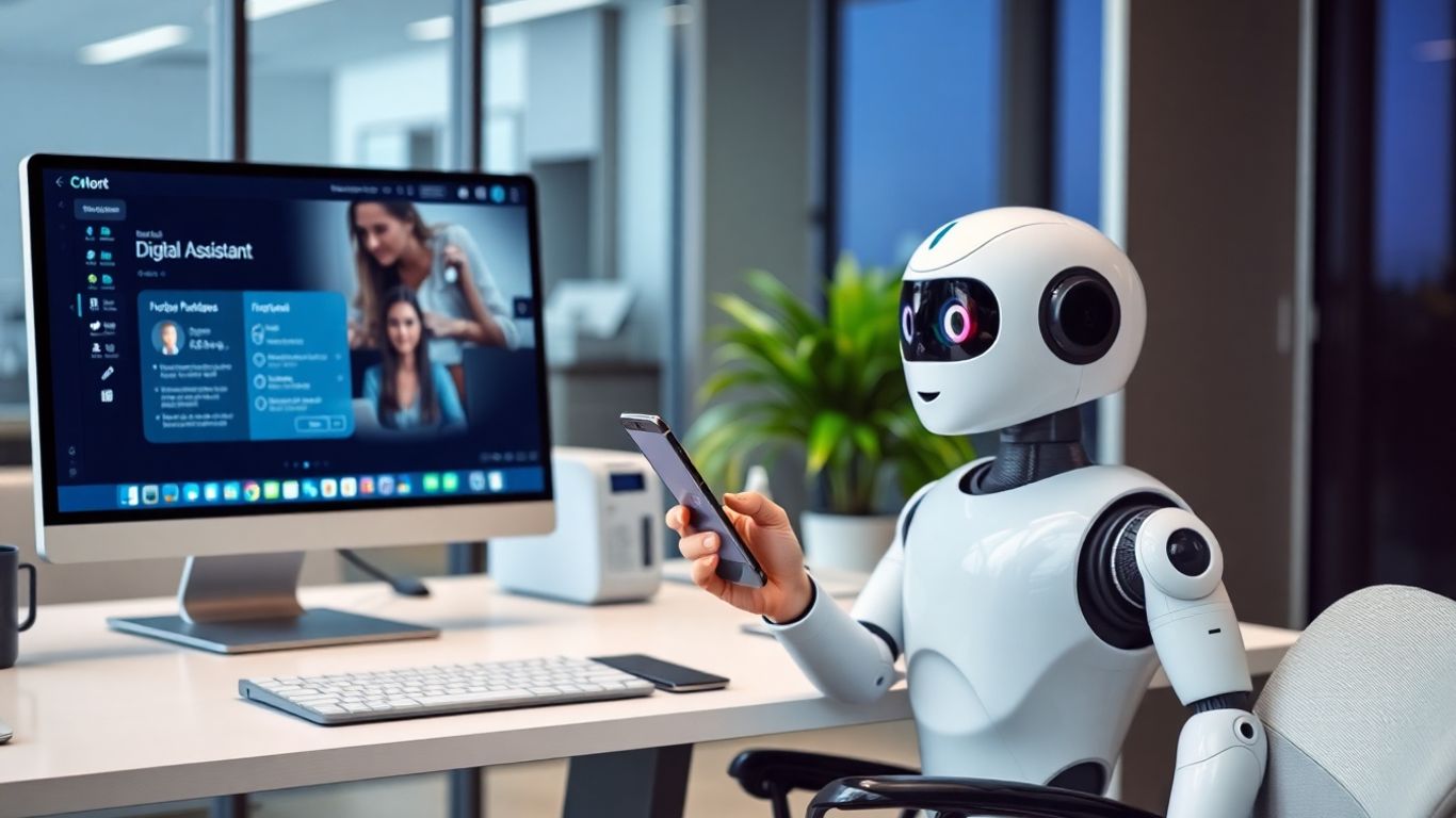 Businessperson with smartphone and robotic assistant in office