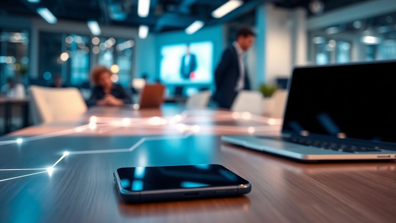 Modern office desk with smartphone and digital connectivity lines