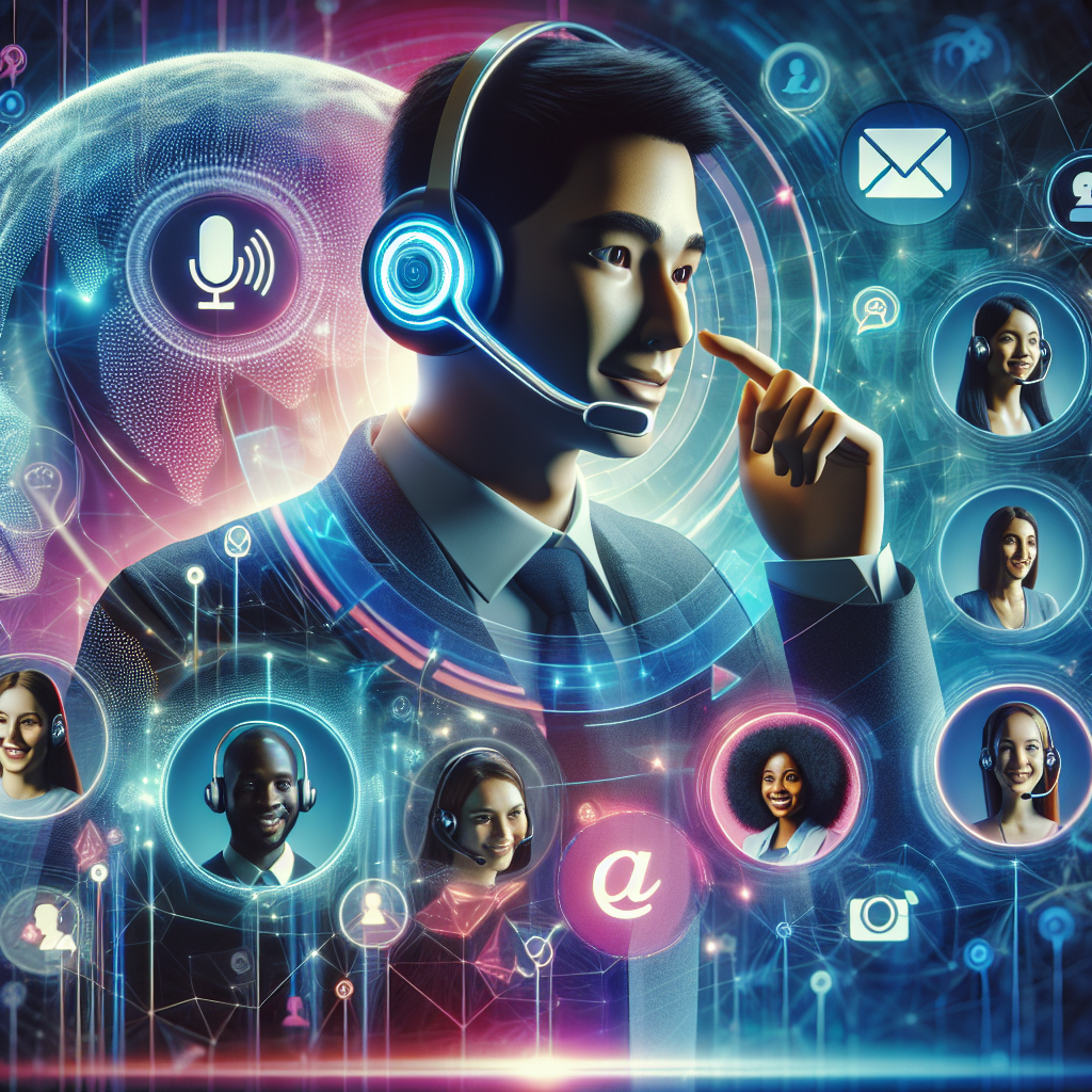 Illustration of a virtual receptionist interacting with clients through various communication tools.