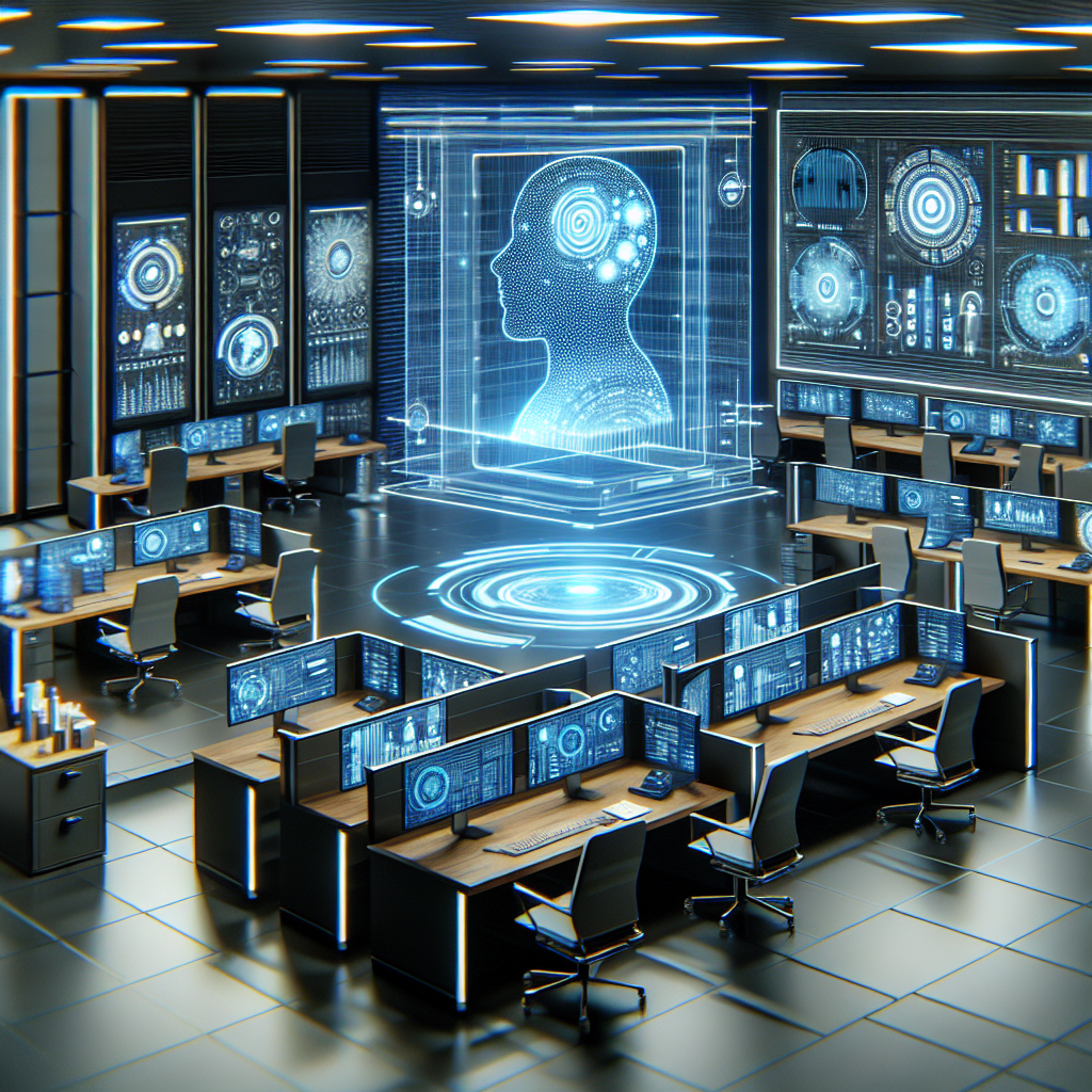 An illustration showing a futuristic office with AI technology managing calls.