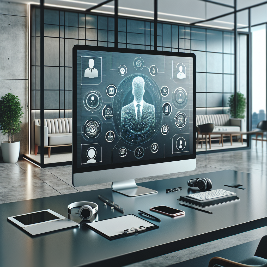 A sleek image of a modern office setup with a virtual receptionist interface displayed on a computer screen, illustrating the concept of advanced business communication technology.