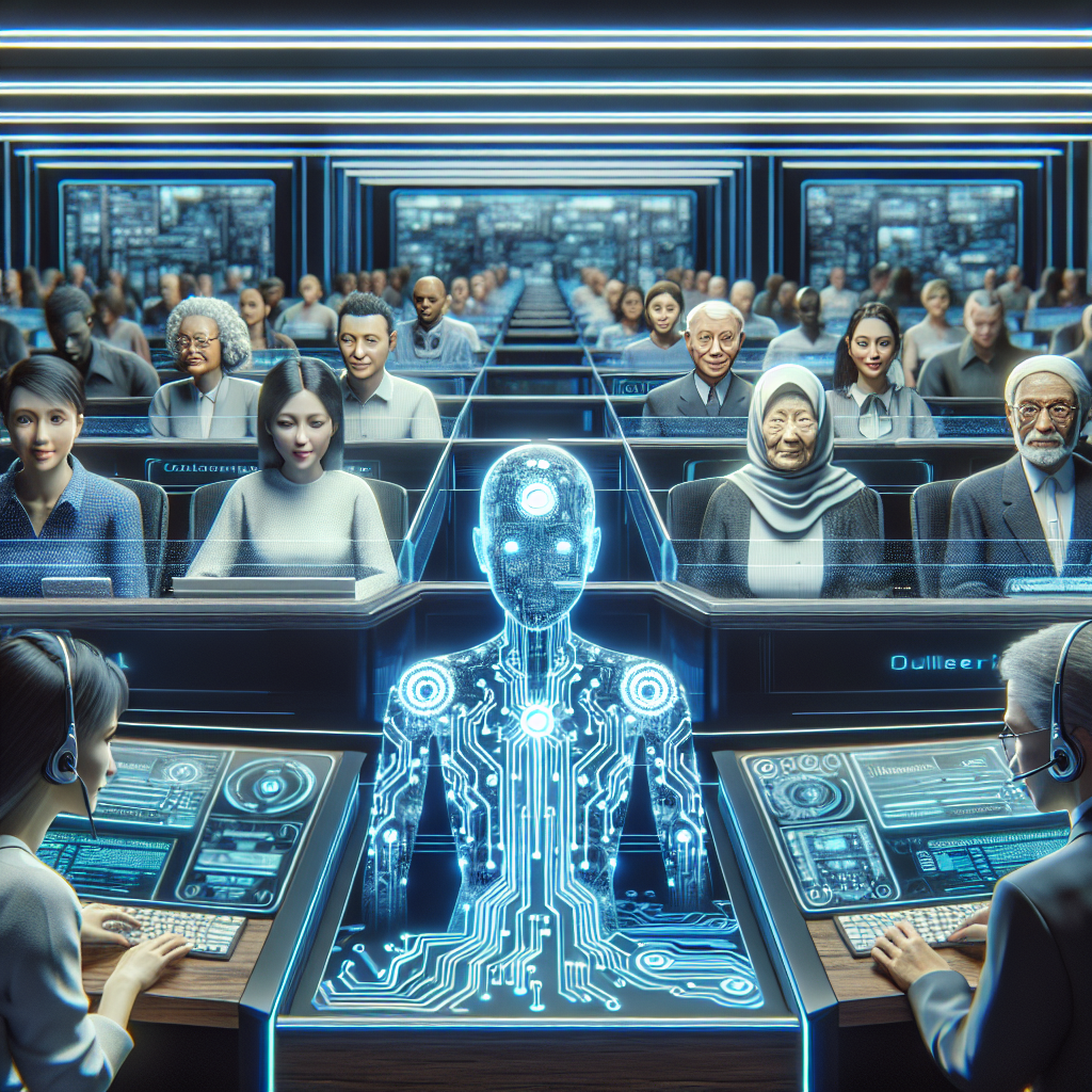 Image depicting a busy call center with AI receptionists interacting with customers.