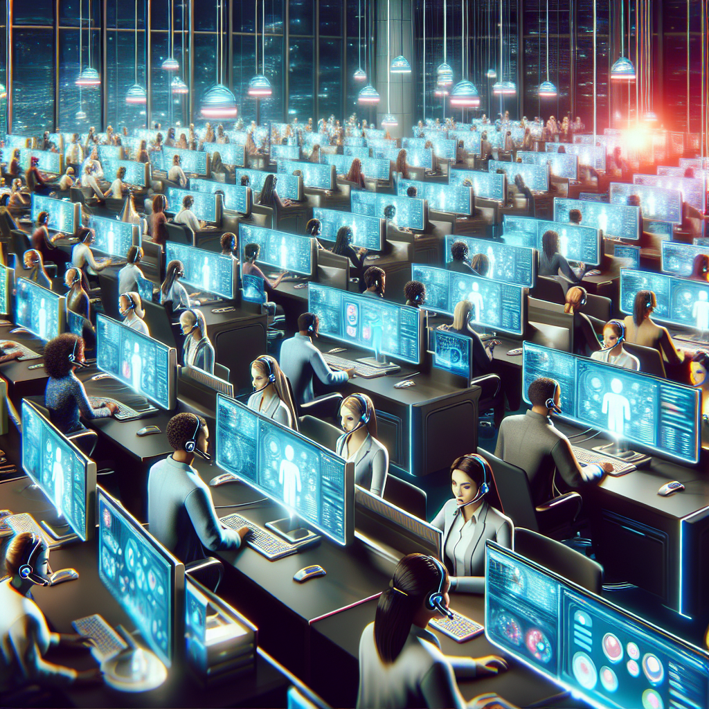 Illustration of a busy call center with virtual assistants managing multiple calls.