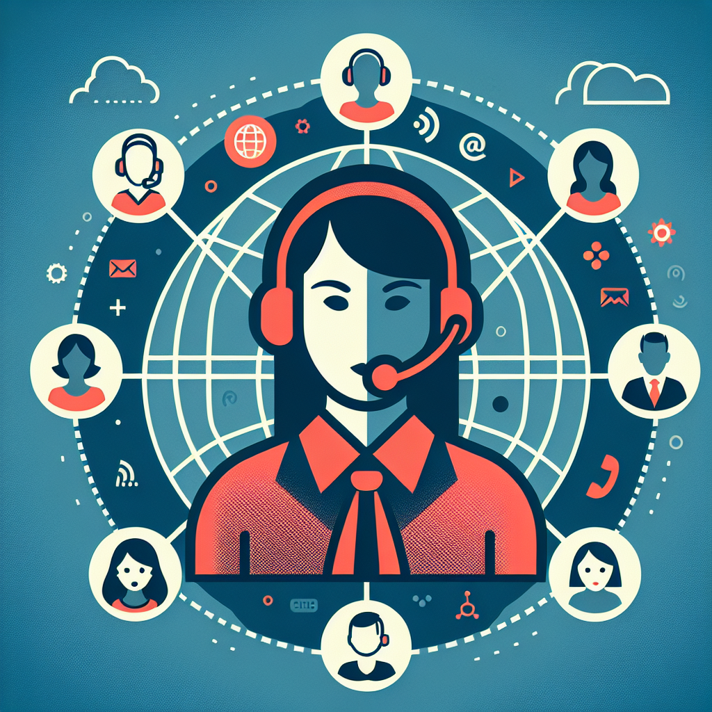 Illustration of a virtual receptionist interacting with customers through various communication channels.