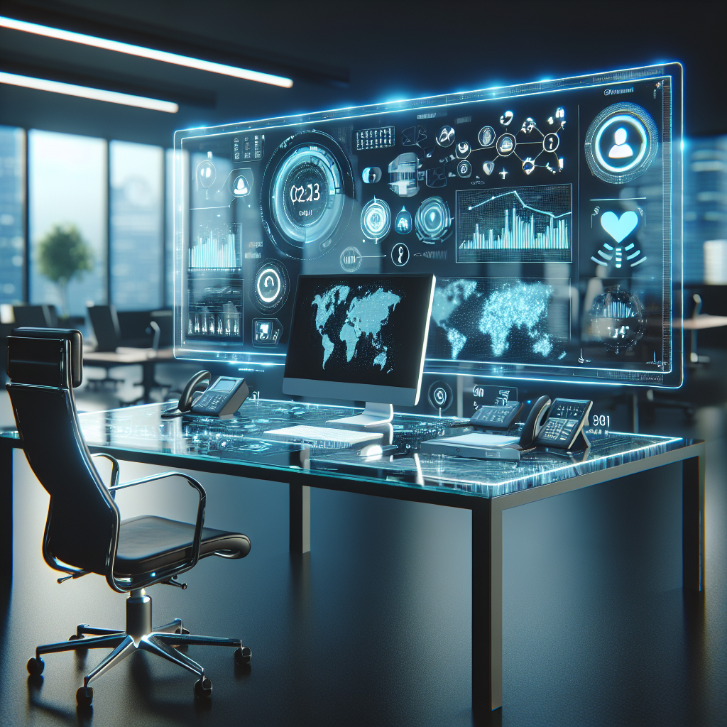 An image showing a modern office setup featuring a computer screen with dashboards for outbound dialing and customer interaction.