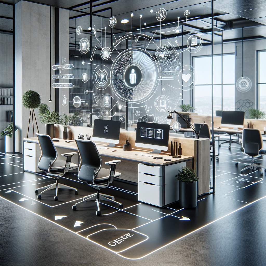 A modern office setup with a virtual receptionist interface on display