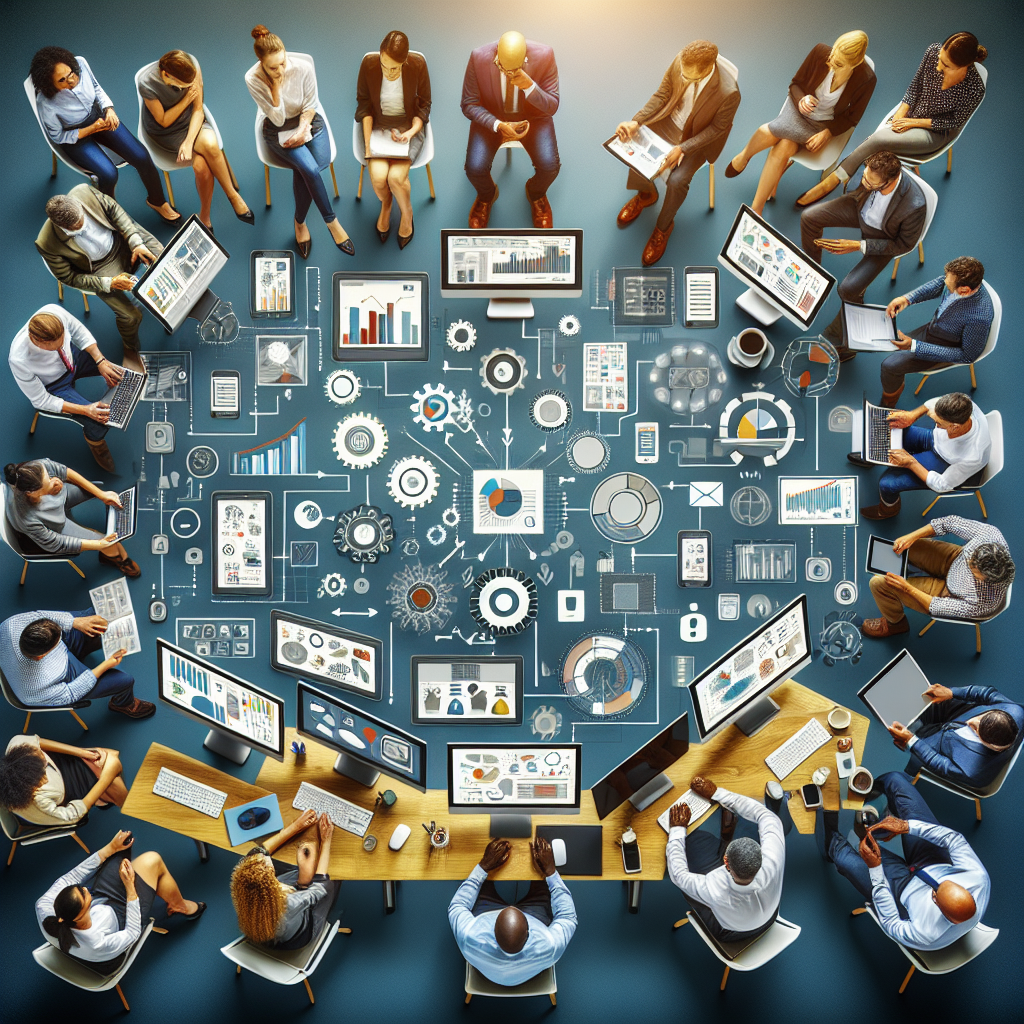 A team collaborating through digital communication tools in an office environment.