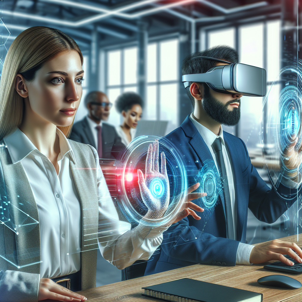 An image showing a modern office environment with professionals using AI-powered technology.