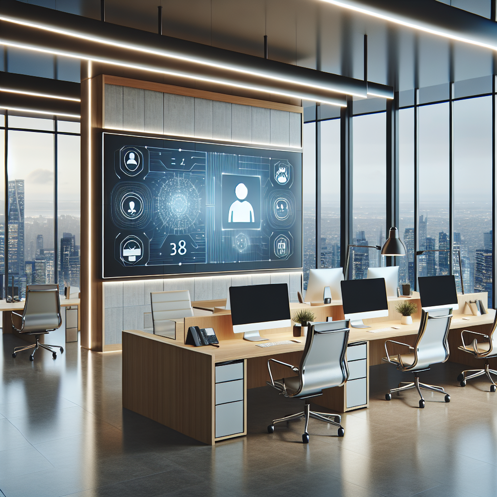 Image showing a sleek, modern office with a virtual receptionist interface on a computer screen.