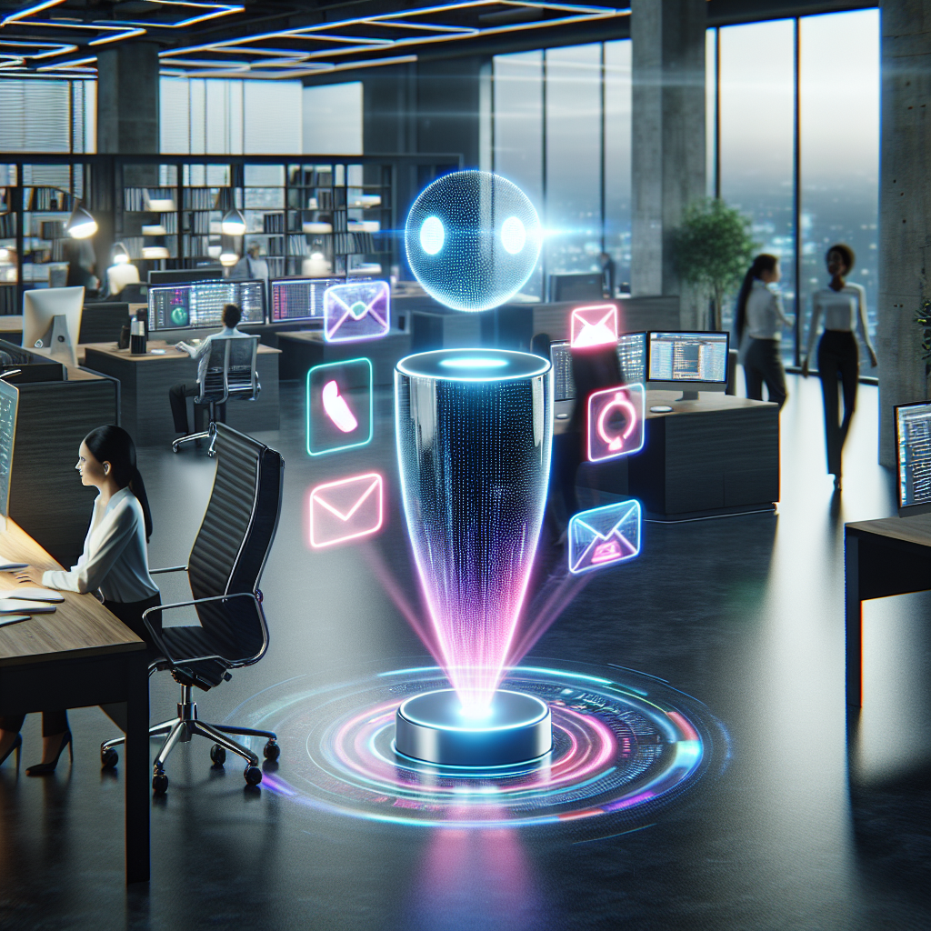 A modern office environment featuring a digital assistant helping manage calls.