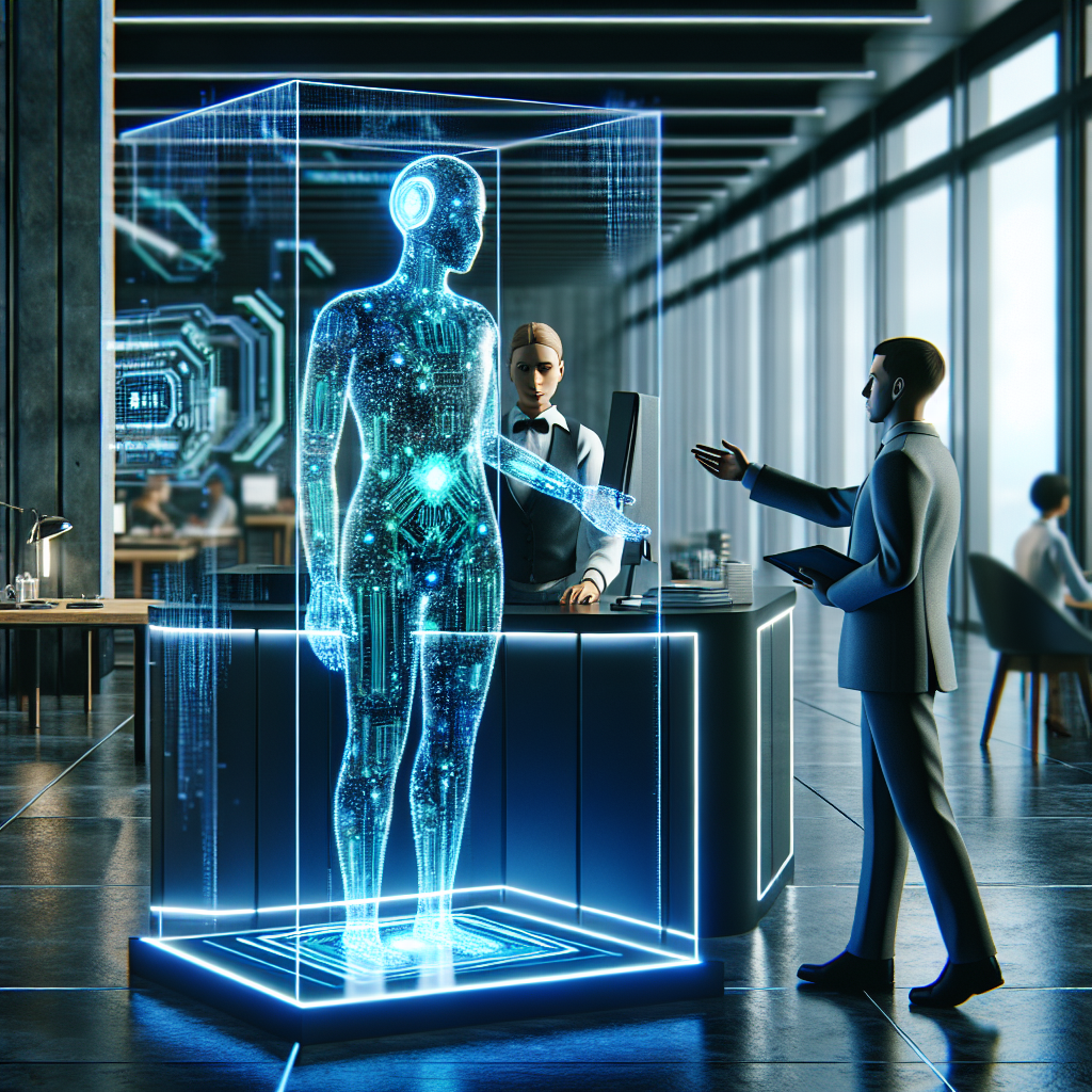 An image depicting a modern office environment with an AI virtual receptionist interacting with a customer