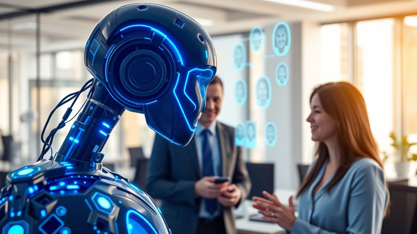 AI receptionist interface with holographic faces and circuits.