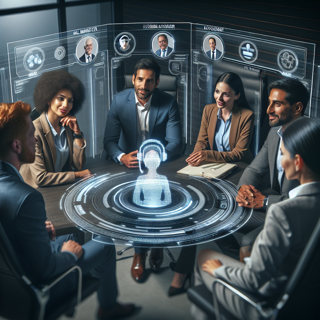 Image of a diverse group of professionals discussing revenue strategies around a virtual receptionist interface.