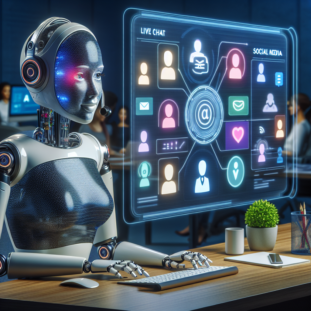 An illustration of an AI-powered virtual receptionist interacting with customers via digital channels.