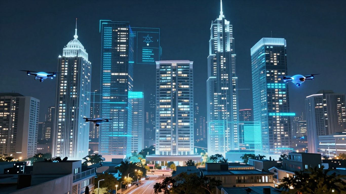 Futuristic cityscape with AI interfaces and drones.