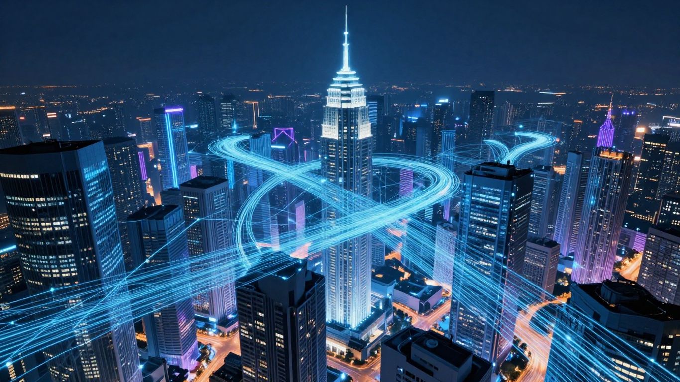 Futuristic cityscape with glowing digital data connections.