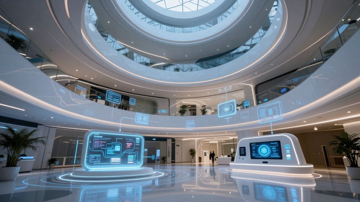 Futuristic smart building interior with glowing digital interfaces.