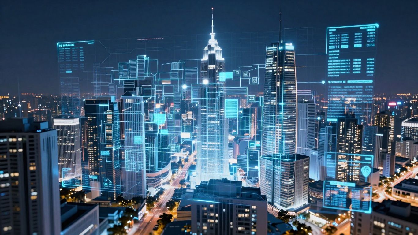 Futuristic cityscape with AI real estate technology overlays.