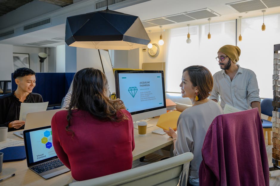 A modern office environment with an AI interface interacting with a diverse group of customers