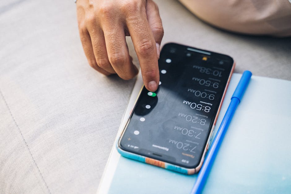 A business owner happily interacting with a digital interface for scheduling appointments