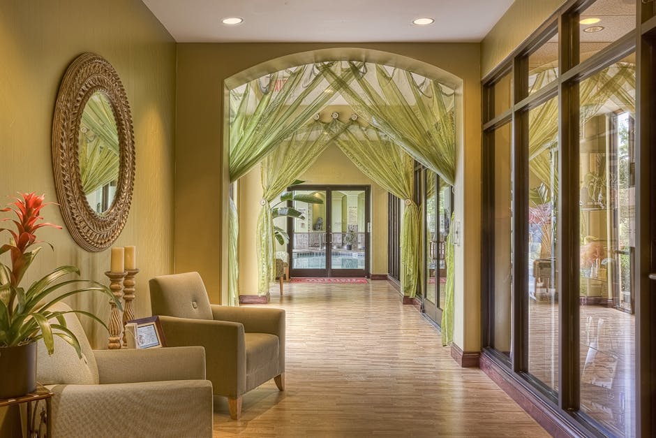 A serene yoga studio reception area with a tablet showcasing a virtual receptionist interface, inviting a peaceful atmosphere.
