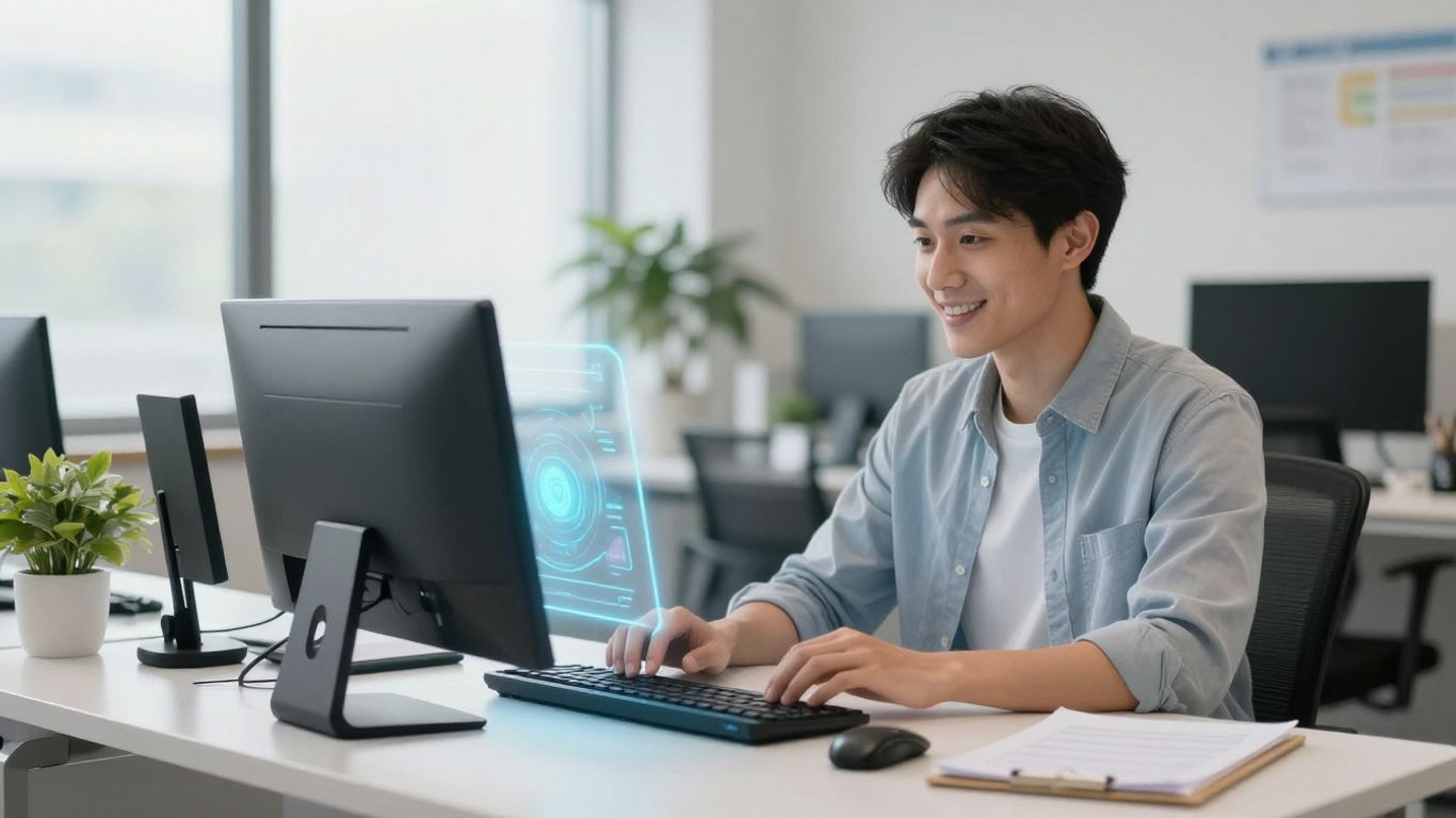 AI receptionist interface on a desk in a small business office.