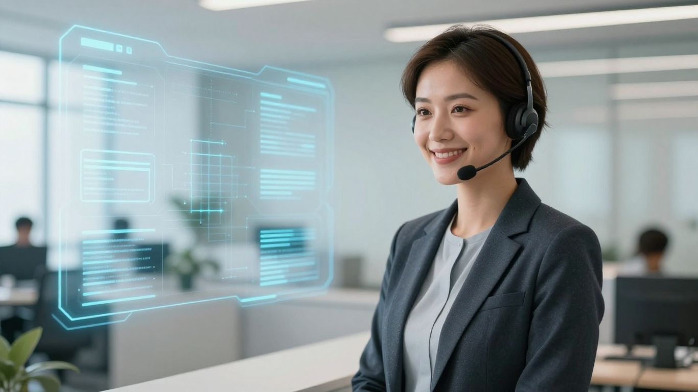 AI receptionist avatar in a modern office setting.