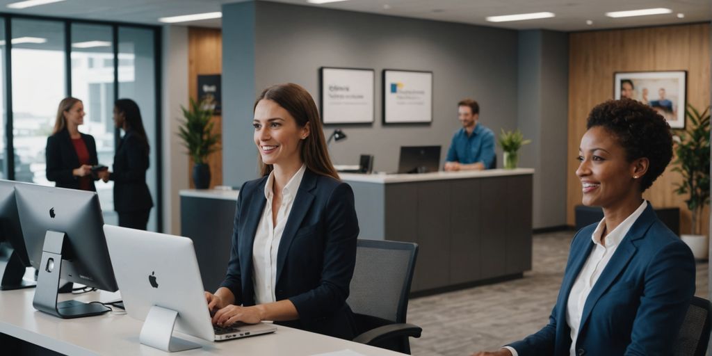AI receptionist with happy customers in office.