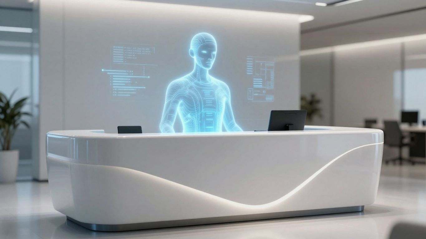 AI receptionist interface at a modern desk.