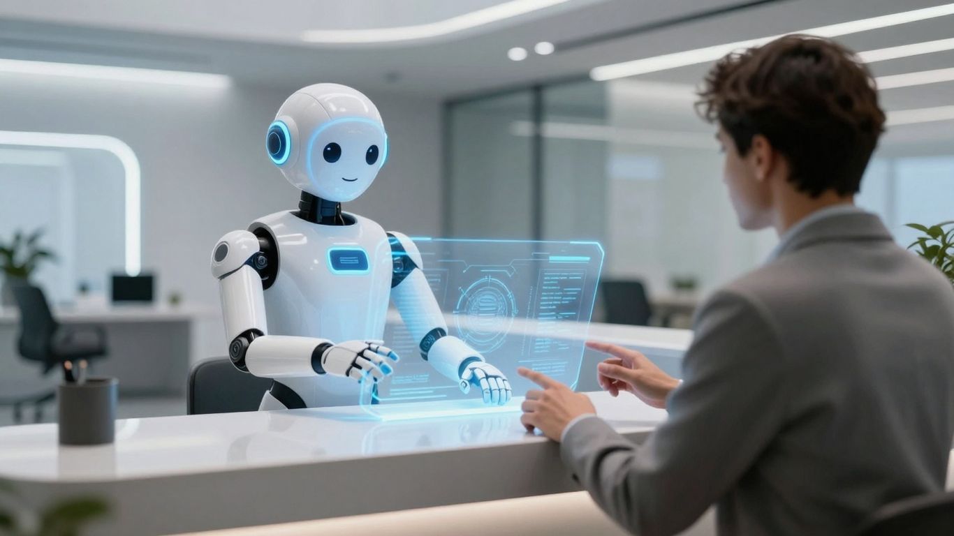 AI receptionist and visitor at a futuristic front desk.
