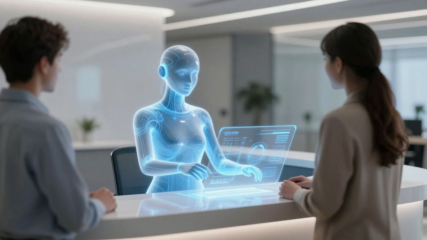 AI receptionist interface at a modern desk.