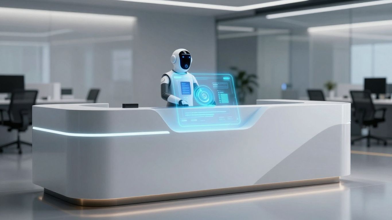 AI receptionist interface at a modern front desk.