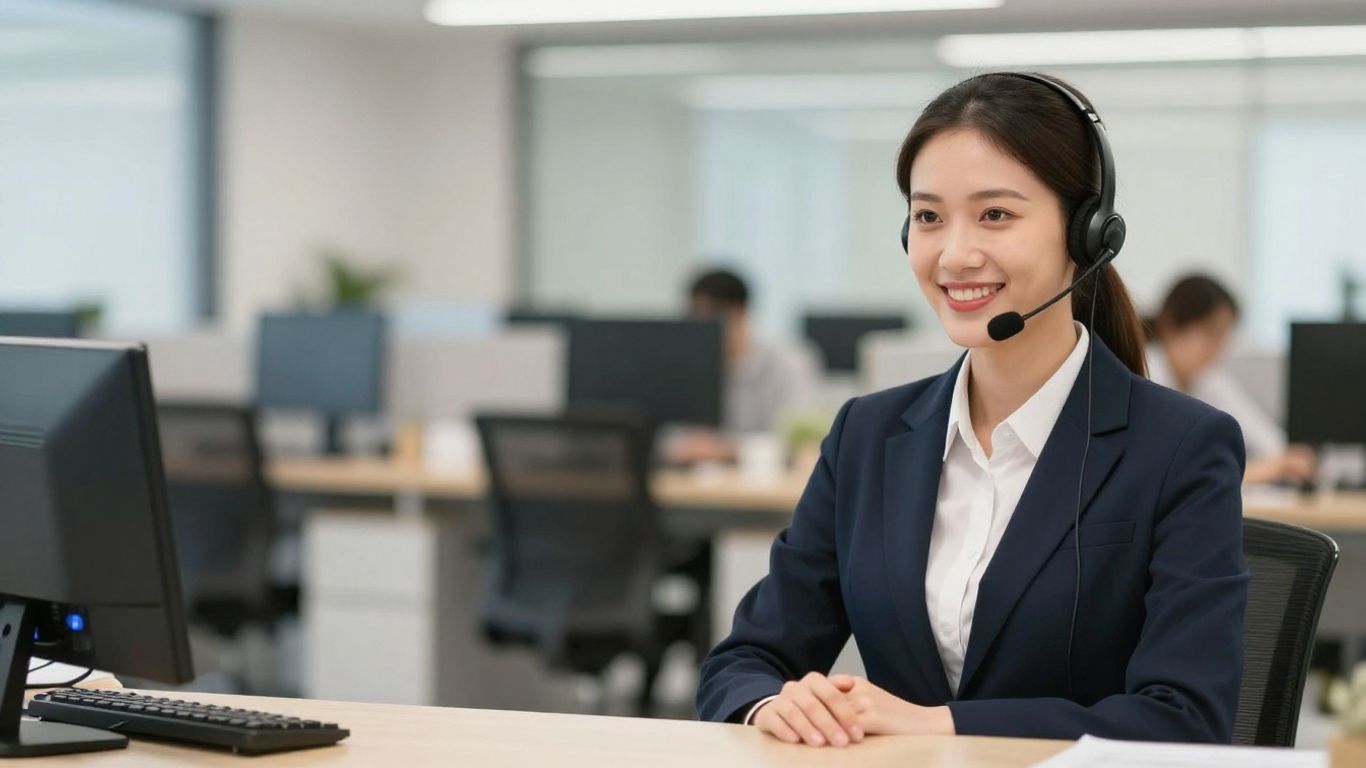 Friendly receptionist with headset in a modern office.