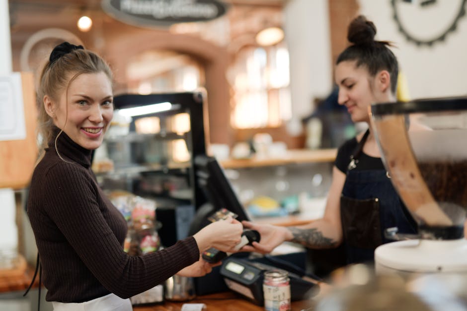 A cozy coffee shop scene with an AI interface welcoming customers, showcasing technology blending seamlessly with personal interaction.