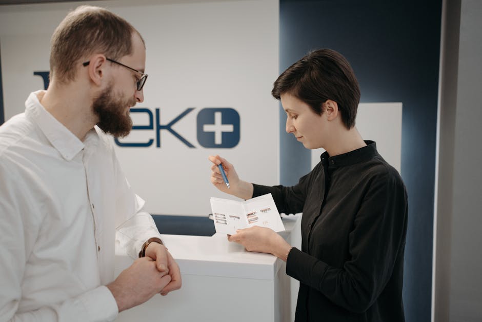 An image of a friendly AI receptionist interacting with a customer in a modern office setting.