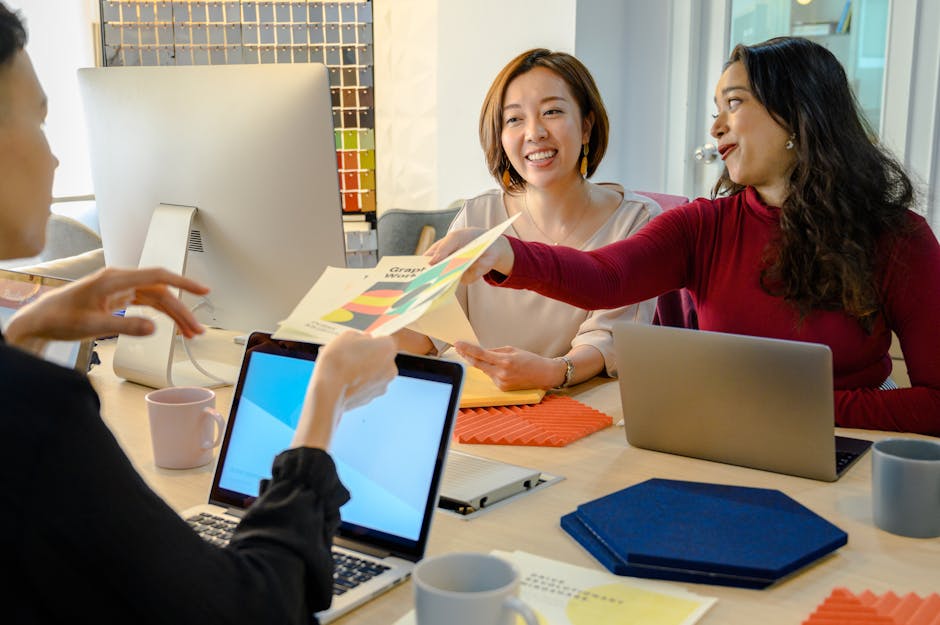A friendly and professional setting showing a modern office with an AI-powered assistant helping a team