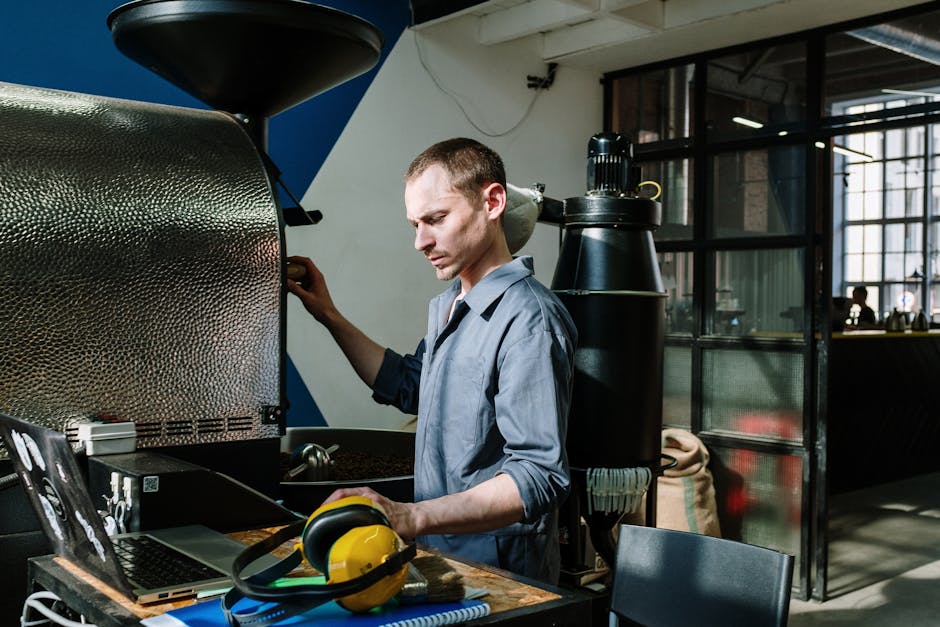 A vibrant image of a roasting machine surrounded by bags of coffee beans, showcasing a barista crafting a unique blend.