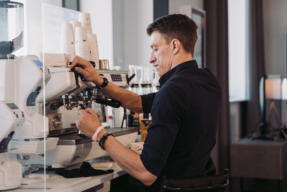 A vibrant coffee shop with baristas brewing artisan coffee, showcasing eco-friendly practices and modern technology in action.