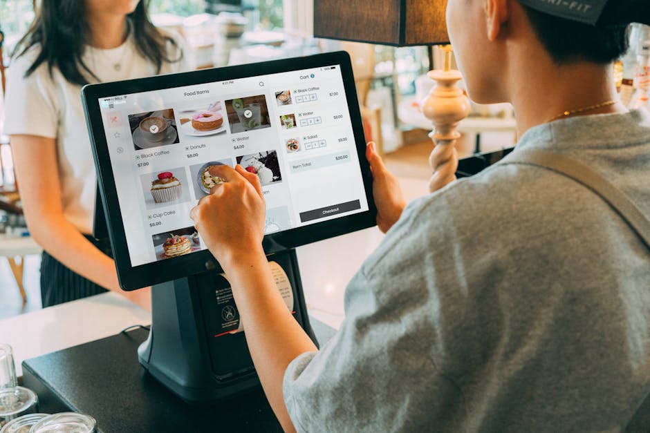 A warm, inviting coffee shop scene with a diverse selection of coffee blends and an AI receptionist interface displayed on a tablet.